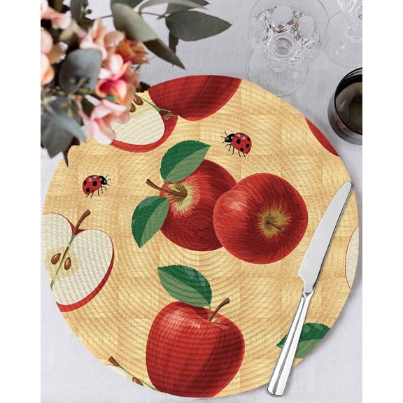 13 Inch Round Placemats Set of 4, Farmhouse Apples Non Slip Heat Insulation PP Table Mats, Country Tropical Fruits Watercolor Washable Place Mats for Kitchen Dining Party Table Decor