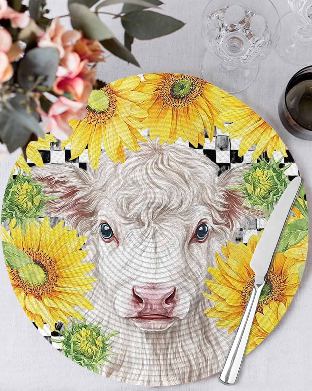 13 Inch Round Placemats Set of 4, Farmhouse Sunflowers Non Slip Heat ...