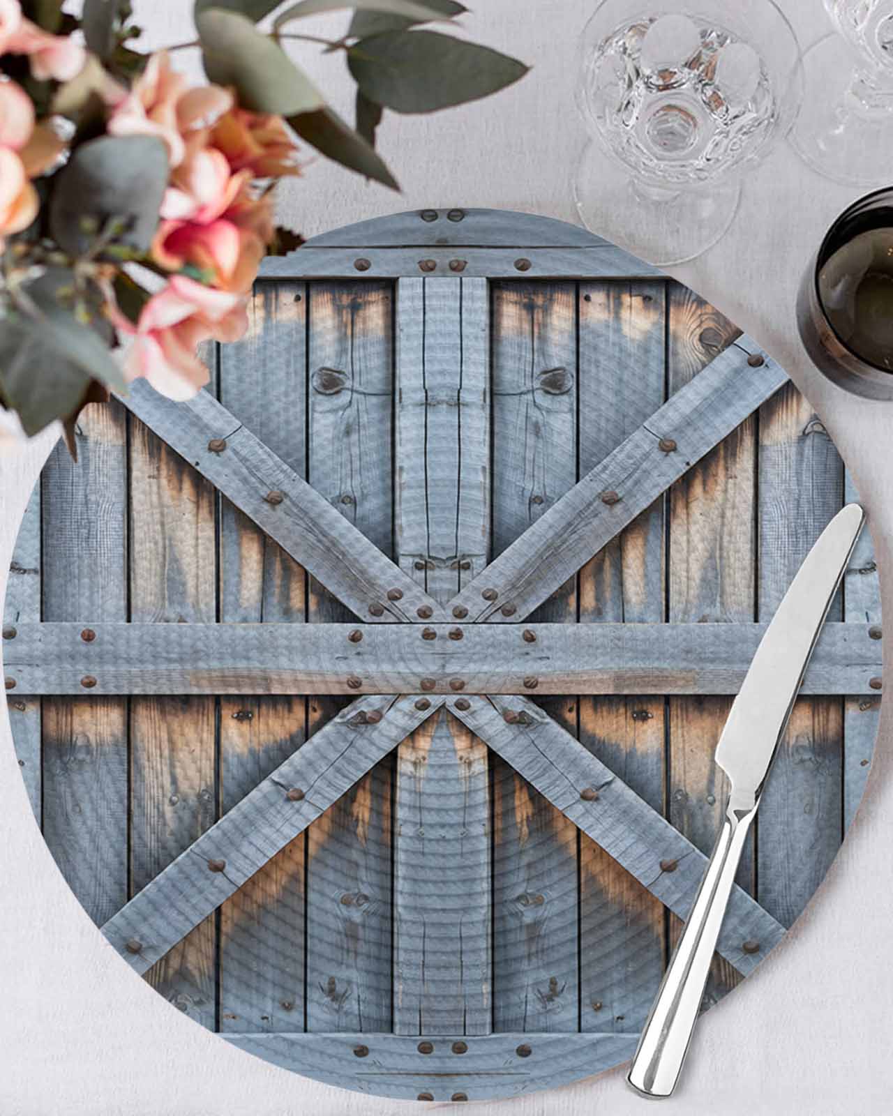 13 Inch Round Placemats Set of 4, Farmhouse Wood Grain Non Slip Heat ...