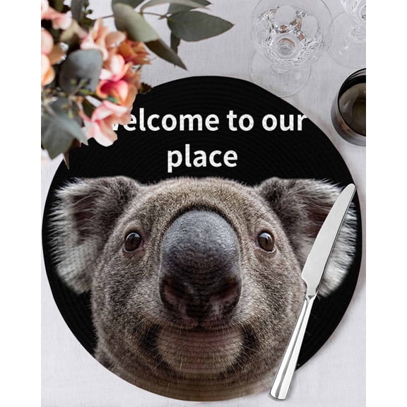 13 Inch Round Placemats Set of 4, Funny Koala Non Slip Heat Insulation PP Table Mats, Welcome To OUR Place Modern Retro Washable Place Mats for Kitchen Dining Party Table Decor