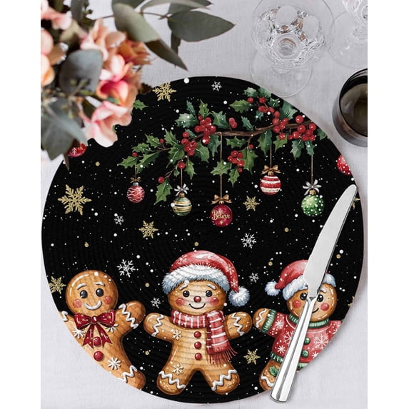 13 Inch Round Placemats Set of 4, Gingerbread Christmas Non Slip Heat Insulation PP Table Mats, Xmas Balls Branches Black Washable Place Mats for Kitchen Dining Party Table Decor