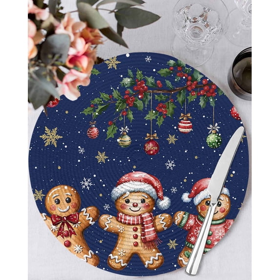 13 Inch Round Placemats Set of 4, Gingerbread Christmas Non Slip Heat Insulation PP Table Mats, Xmas Balls Branches Navy Blue Washable Place Mats for Kitchen Dining Party Table Decor