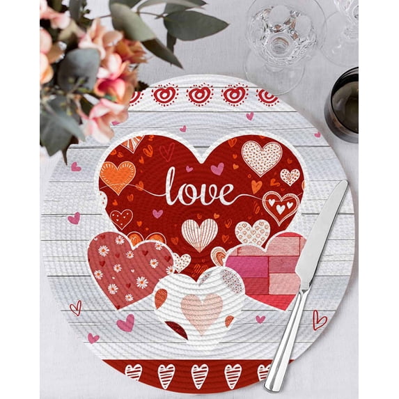 13 Inch Round Placemats Set of 4, Gray Wood Valentines Day Non Slip Heat Insulation PP Table Mats, Love Hearts Romantic Farmhouse Washable Place Mats for Kitchen Dining Party Table Decor