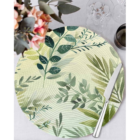13 Inch Round Placemats Set of 4, Green Blue Leaves Non Slip Heat Insulation PP Table Mats, Summer Botanical Farmhouse Watercolor Leaf Washable Place Mats for Kitchen Dining Party Table Decor