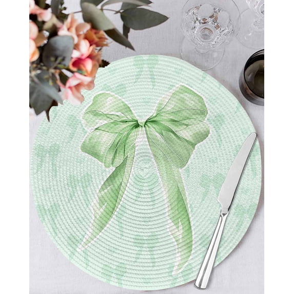 13 Inch Round Placemats Set of 4, Green Bow Non Slip Heat Insulation PP Table Mats, Cute Bowknot Minimalist Solid Color Washable Place Mats for Kitchen Dining Party Table Decor