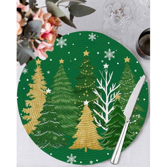 13 Inch Round Placemats Set of 4, Green Christmas Tree Non Slip Heat Insulation PP Table Mats, Golden Xmas Tree Snowflake Winter Washable Place Mats for Kitchen Dining Party Table Decor