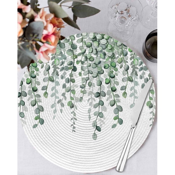 13 Inch Round Placemats Set of 4, Green Eucalyptus Leaves Non Slip Heat Insulation PP Table Mats, Summer Botanical Weeping Watercolor Washable Place Mats for Kitchen Dining Party Table Decor