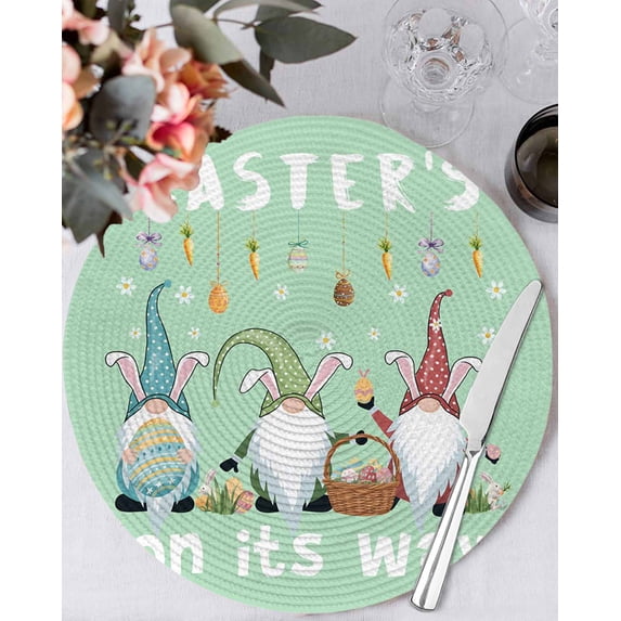 13 Inch Round Placemats Set of 4, Green Gnomes Easter Non Slip Heat Insulation PP Table Mats, Eggs Botanical Carrot Pastoral Washable Place Mats for Kitchen Dining Party Table Decor