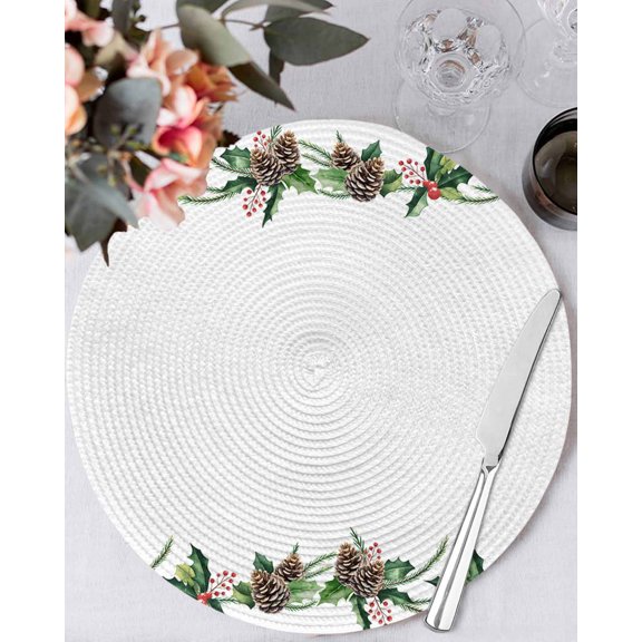 13 Inch Round Placemats Set of 4, Green Pine Cone Non Slip Heat Insulation PP Table Mats, Christmas Winter Plants Leaves Washable Place Mats for Kitchen Dining Party Table Decor