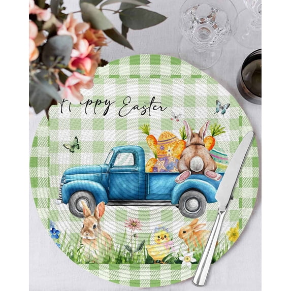 13 Inch Round Placemats Set of 4, Green Plaid Easter Non Slip Heat Insulation PP Table Mats, Blue Truck Spring Floral Bunny Animals Washable Place Mats for Kitchen Dining Party Table Decor