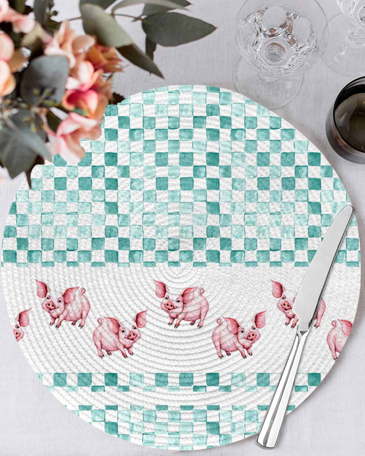 Pig Mat Table 13 Inch Round Placemats Set of 4, Green Plaid Farmhouse Non Slip Heat ...