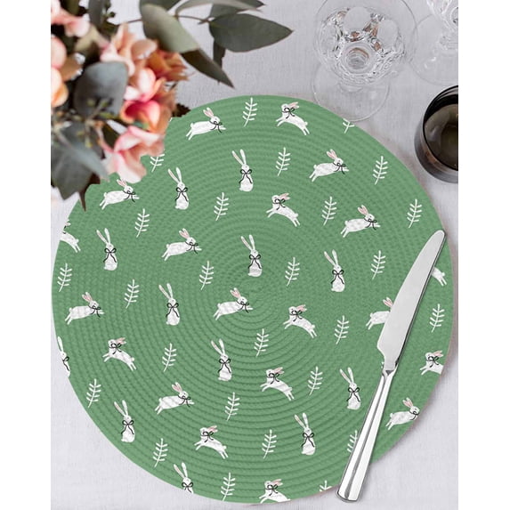 13 Inch Round Placemats Set of 4, Green Spring Easter Non Slip Heat Insulation PP Table Mats, Cute Bunny Botanical Washable Place Mats for Kitchen Dining Party Table Decor