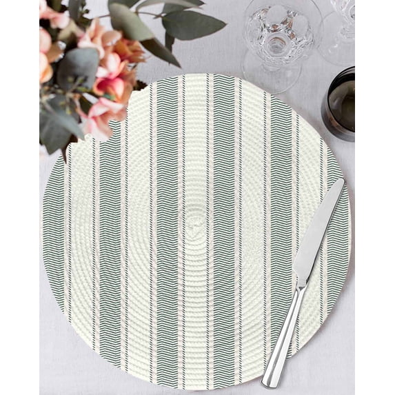 13 Inch Round Placemats Set of 4, Green Stripe Non Slip Heat Insulation PP Table Mats, Modern Farmhouse Geometric Striped Washable Place Mats for Kitchen Dining Party Table Decor