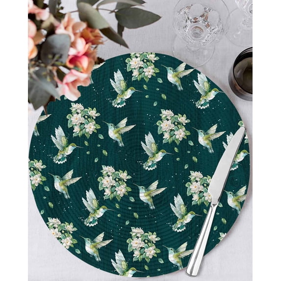 13 Inch Round Placemats Set of 4, Green Summer Botanical Non Slip Heat Insulation PP Table Mats, Spring Floral Birds Farmhouse Washable Place Mats for Kitchen Dining Party Table Decor