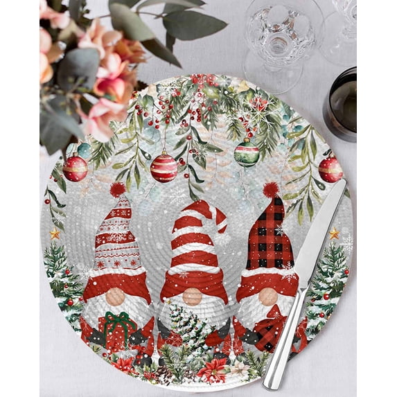 13 Inch Round Placemats Set of 4, Grey Christmas Non Slip Heat Insulation PP Table Mats, Gnomes Xmas Tree Poinsettia Eucalyptus Washable Place Mats for Kitchen Dining Party Table Decor