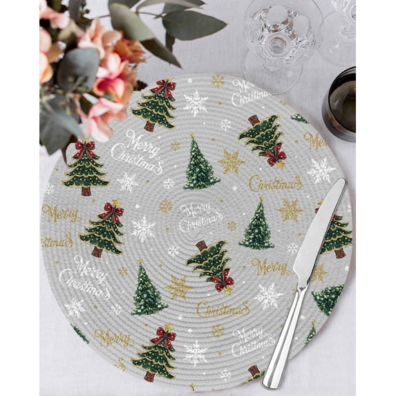 13 Inch Round Placemats Set of 4, Grey Christmas Non Slip Heat Insulation PP Table Mats, Winter Green Pine Tree Gold Snowflake Washable Place Mats for Kitchen Dining Party Table Decor