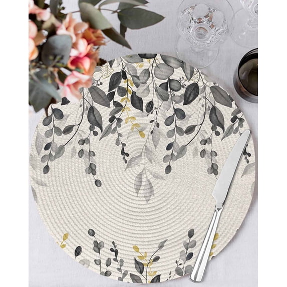13 Inch Round Placemats Set of 4, Grey Eucalyptus Non Slip Heat Insulation PP Table Mats, Farmhouse Weeping Leaves on Linen Washable Place Mats for Kitchen Dining Party Table Decor