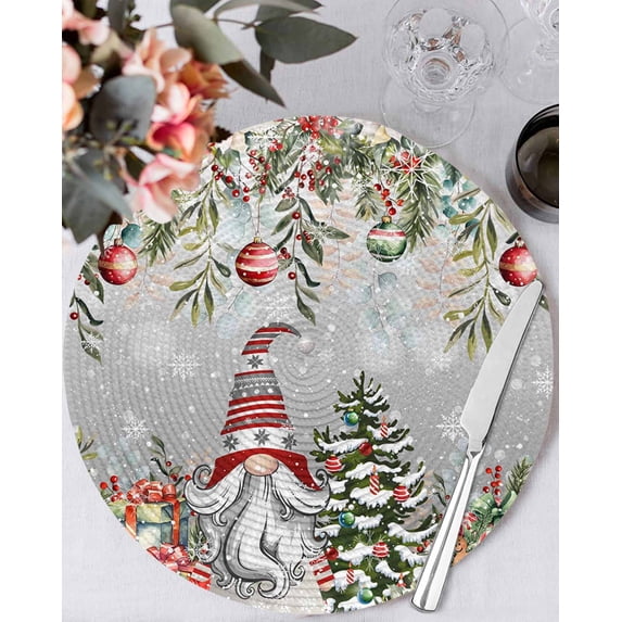 13 Inch Round Placemats Set of 4, Grey Gnomes Christmas Non Slip Heat Insulation PP Table Mats, Red Xmas Balls Snowflake Tree Washable Place Mats for Kitchen Dining Party Table Decor