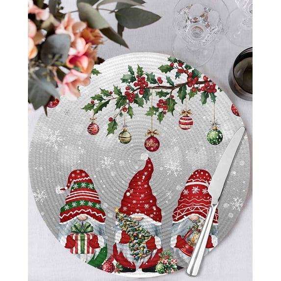 13 Inch Round Placemats Set of 4, Grey Gnomes Christmas Non Slip Heat Insulation PP Table Mats, Xmas Ball Gifts Snowflake Washable Place Mats for Kitchen Dining Party Table Decor
