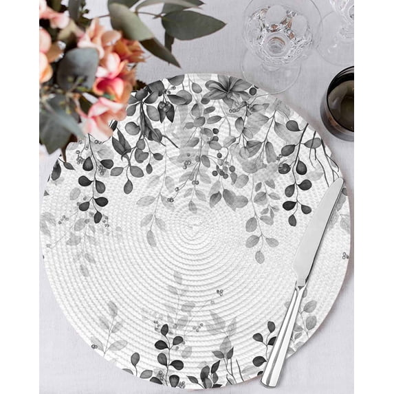 13 Inch Round Placemats Set of 4, Grey Non Slip Heat Insulation PP Table Mats, Eucalyptus Leaves Washable Place Mats for Kitchen Dining Party Table Decor