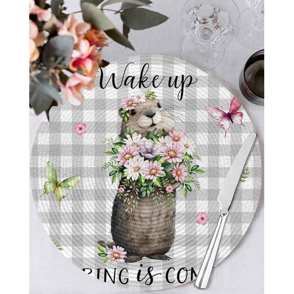 13 Inch Round Placemats Set of 4, Grey Plaid Groundhog Non Slip Heat Insulation PP Table Mats, Spring Floral Butterfly Botanical Washable Place Mats for Kitchen Dining Party Table Decor