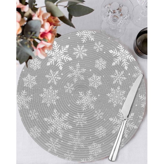 13 Inch Round Placemats Set of 4, Grey White Snowflake Christmas Non Slip Heat Insulation PP Table Mats, Winter Xmas Snowflakes Washable Place Mats for Kitchen Dining Party Table Decor