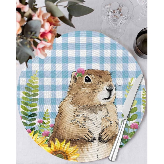 13 Inch Round Placemats Set of 4, Groundhog Day Non Slip Heat Insulation PP Table Mats, Blue Plaid Sunflower Spring Floral Washable Place Mats for Kitchen Dining Party Table Decor