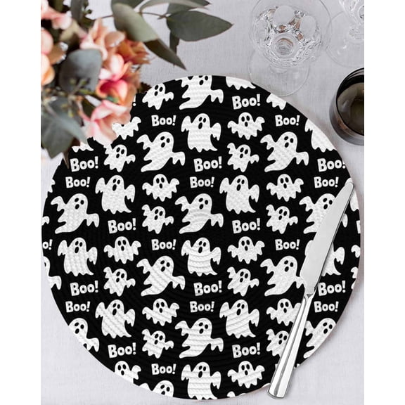 13 Inch Round Placemats Set of 4, Halloween Ghosts Non Slip Heat Insulation PP Table Mats, Fall Horror Spooky Textured Black Washable Place Mats for Kitchen Dining Party Table Decor
