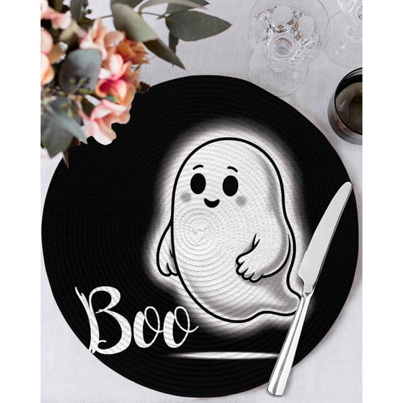 13 Inch Round Placemats Set of 4, Halloween Non Slip Heat Insulation PP Table Mats, Black Spooky Ghost Boo Cute Halloween Decorations Washable Place Mats for Kitchen Dining Party Table Decor