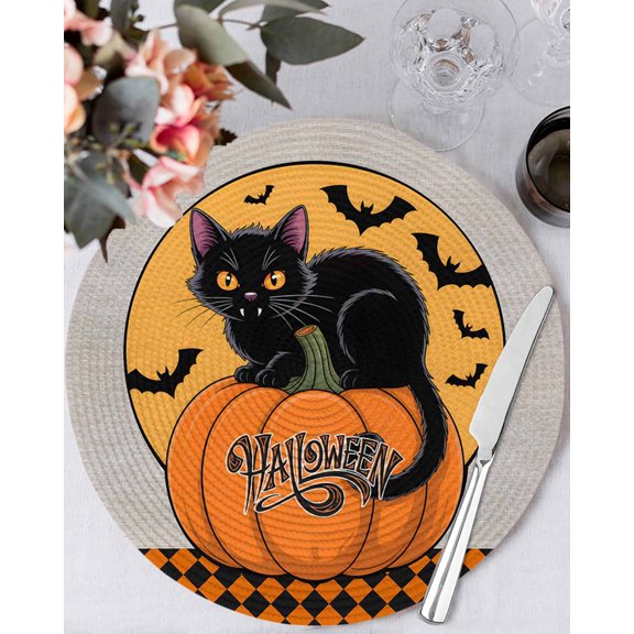 13 Inch Round Placemats Set of 4, Halloween Non Slip Heat Insulation PP Table Mats, Fall Pumpkin Cat Bat Orange Checkered Washable Place Mats for Kitchen Dining Party Table Decor