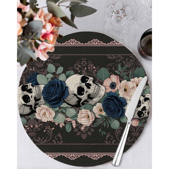 13 Inch Round Placemats Set of 4, Halloween Non Slip Heat Insulation PP Table Mats, Horror Skull Flower Leaf Floral Textured Washable Place Mats for Kitchen Dining Party Table Decor