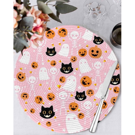 13 Inch Round Placemats Set of 4, Halloween Pink Non Slip Heat Insulation PP Table Mats, Black White Ghost Orange Skull Pumpkin Washable Place Mats for Kitchen Dining Party Table Decor