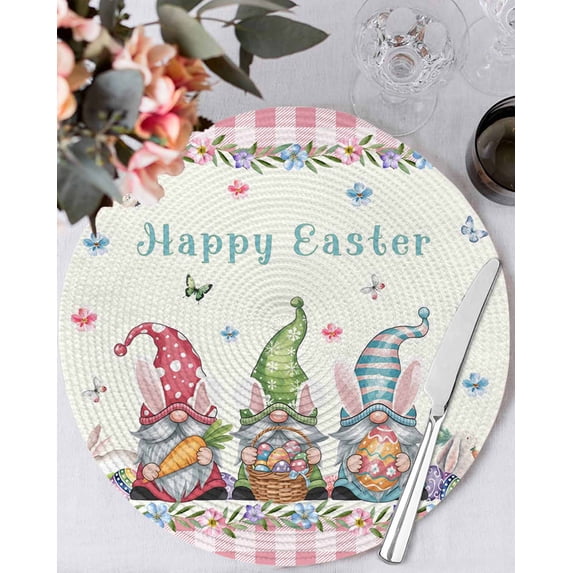 13 Inch Round Placemats Set of 4, Happy Easter Non Slip Heat Insulation PP Table Mats, Funny Gnomes Rabbits Colorful Eggs Plaid Washable Place Mats for Kitchen Dining Party Table Decor
