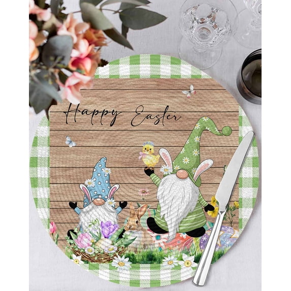 13 Inch Round Placemats Set of 4, Happy Easter Non Slip Heat Insulation PP Table Mats, Gnomes Rabbit Flowers Green Check Wooden Washable Place Mats for Kitchen Dining Party Table Decor