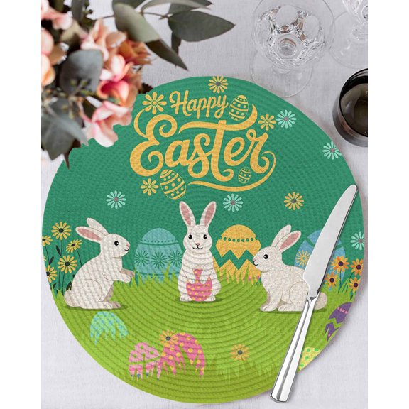 13 Inch Round Placemats Set of 4, Happy Easter Non Slip Heat Insulation PP Table Mats, Rabbits Eggs Spring Daisy Floral Grass Green Washable Place Mats for Kitchen Dining Party Table Decor