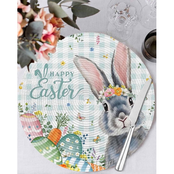 13 Inch Round Placemats Set of 4, Happy Easter Non Slip Heat Insulation PP Table Mats, Spring Bunny Easter Eggs Floral Teal Plaid Washable Place Mats for Kitchen Dining Party Table Decor