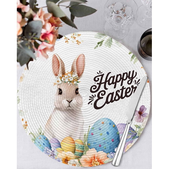 13 Inch Round Placemats Set of 4, Happy Easter Non Slip Heat Insulation PP Table Mats, Spring Watercolor Bunny Eggs Flowers Washable Place Mats for Kitchen Dining Party Table Decor