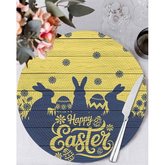 13 Inch Round Placemats Set of 4, Happy Easter Rabbits Non Slip Heat Insulation PP Table Mats, Spring Daisy Navy Silhouette Yellow Washable Place Mats for Kitchen Dining Party Table Decor