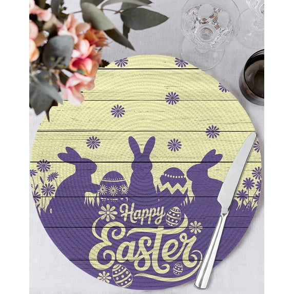 13 Inch Round Placemats Set of 4, Happy Easter Rabbits Non Slip Heat Insulation PP Table Mats, Spring Daisy Purple Silhouette Wooden Grain Washable Place Mats for Kitchen Dining Party Table Decor