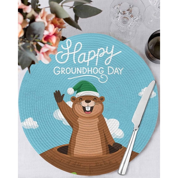 13 Inch Round Placemats Set of 4, Happy Groundhog Day Non Slip Heat Insulation PP Table Mats, Cartoon Ground Hog Hole Blue Sky Country Washable Place Mats for Kitchen Dining Party Table Decor
