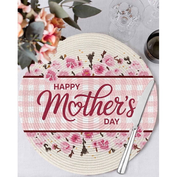13 Inch Round Placemats Set of 4, Happy Mother's Day Non Slip Heat Insulation PP Table Mats, Pink Floral Buffalo Plaid Burlap Washable Place Mats for Kitchen Dining Party Table Decor