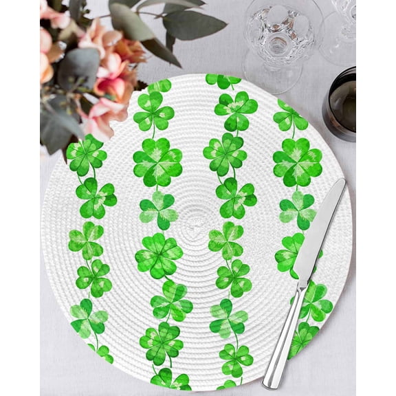 13 Inch Round Placemats Set of 4, Happy St. Patrick's Day Non Slip Heat Insulation PP Table Mats, Spring Lucky Green Three Leaf Grass Washable Place Mats for Kitchen Dining Party Table Decor