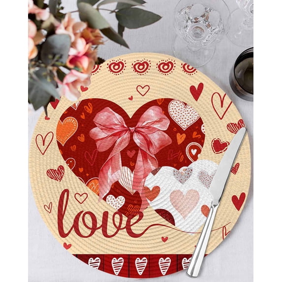 13 Inch Round Placemats Set of 4, Happy Valentine's Day Non Slip Heat Insulation PP Table Mats, Yellow Love Hearts Romantic Washable Place Mats for Kitchen Dining Party Table Decor