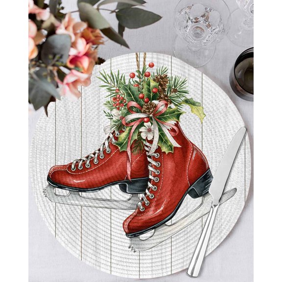 13 Inch Round Placemats Set of 4, Ice Skates Non Slip Heat Insulation PP Table Mats, Red Christmas Pine Needles Botanical Wood Washable Place Mats for Kitchen Dining Party Table Decor
