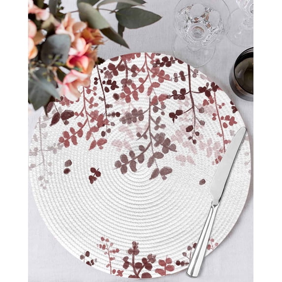 13 Inch Round Placemats Set of 4, Leaves Non Slip Heat Insulation PP Table Mats, Pink Brown Summer Botanical Washable Place Mats for Kitchen Dining Party Table Decor