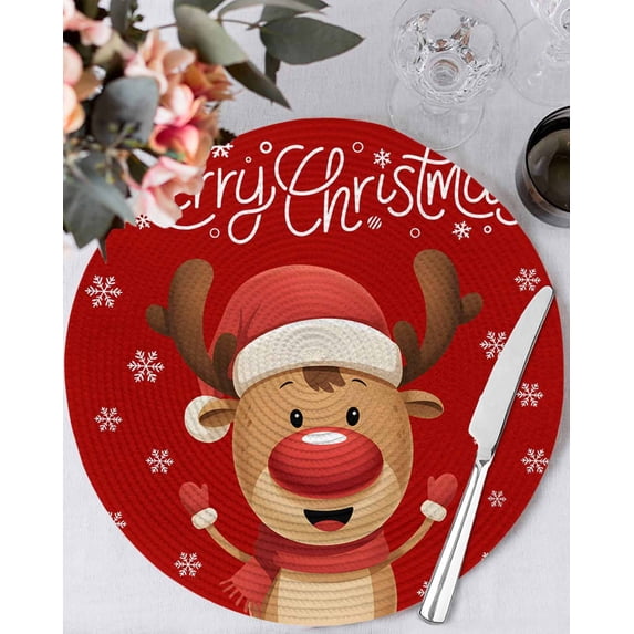 13 Inch Round Placemats Set of 4, Merry Christmas Non Slip Heat Insulation PP Table Mats, Red Winter Xmas Cartoon Deer Snowflake Washable Place Mats for Kitchen Dining Party Table Decor