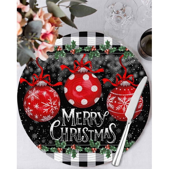 13 Inch Round Placemats Set of 4, Merry Christmas Non Slip Heat Insulation PP Table Mats, Red Xmas Balls Snowflake Black Plaid Washable Place Mats for Kitchen Dining Party Table Decor