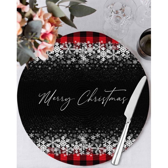 13 Inch Round Placemats Set of 4, Merry Christmas Non Slip Heat Insulation PP Table Mats, Winter Holiday Xmas Snowflake Red Plaid Washable Place Mats for Kitchen Dining Party Table Decor
