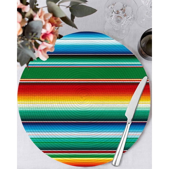 13 Inch Round Placemats Set of 4, Mexican Stripes Non Slip Heat Insulation PP Table Mats, Colorful Striped Mexican Fiesta Theme Washable Place Mats for Kitchen Dining Party Table Decor