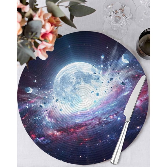 13 Inch Round Placemats Set of 4, Moon Explosion Non Slip Heat Insulation PP Table Mats, Modern Abstract Art Galaxy Universe Washable Place Mats for Kitchen Dining Party Table Decor